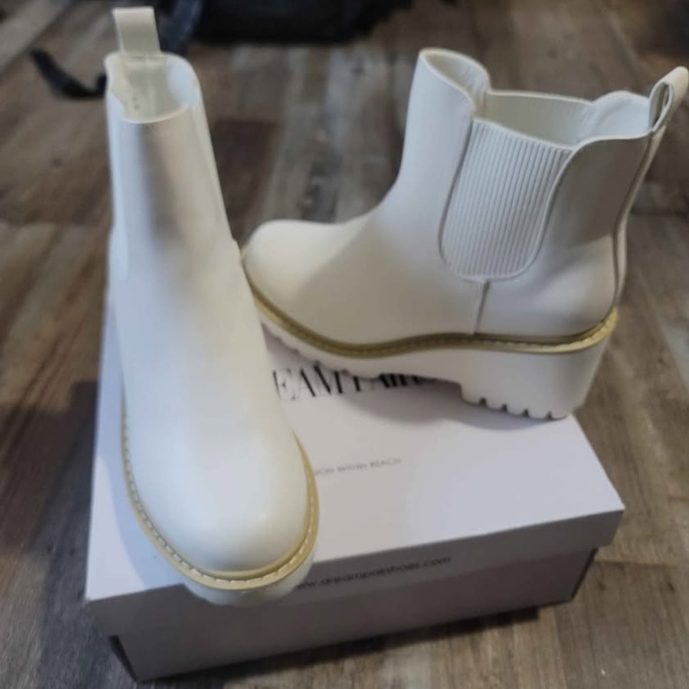 White Ankle Boots with Tan Trim